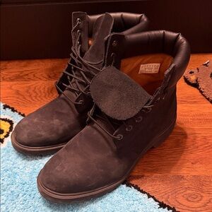 Men's Black Timberlands Leather Lace-Up Work Boots